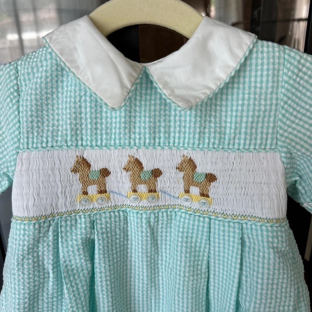 Vintage rocking horse smocked bubble romper embroidered seersucker baby boy 80s - Picture 2 of 7